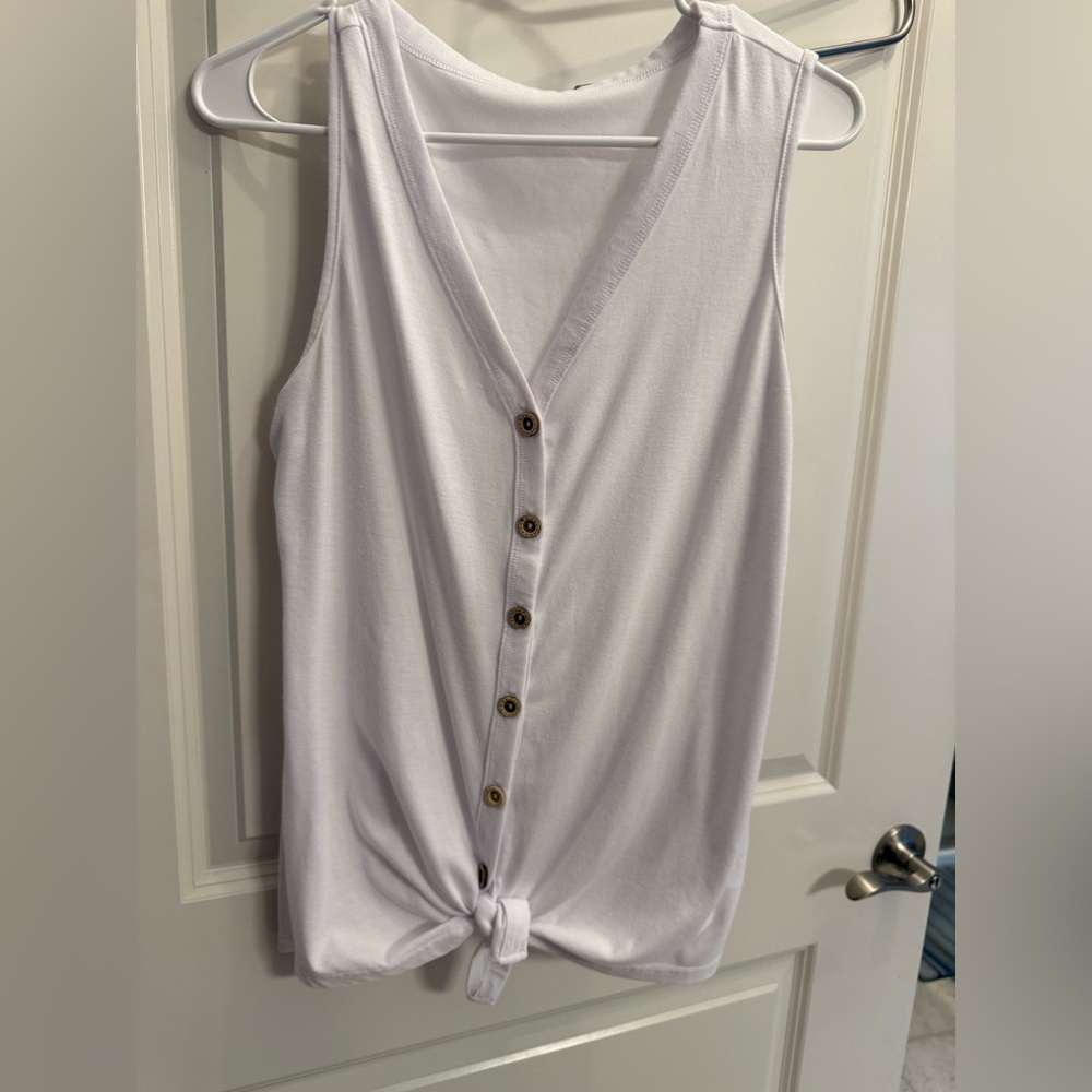White V-Neck Button-Front Tie Hem Tank Top